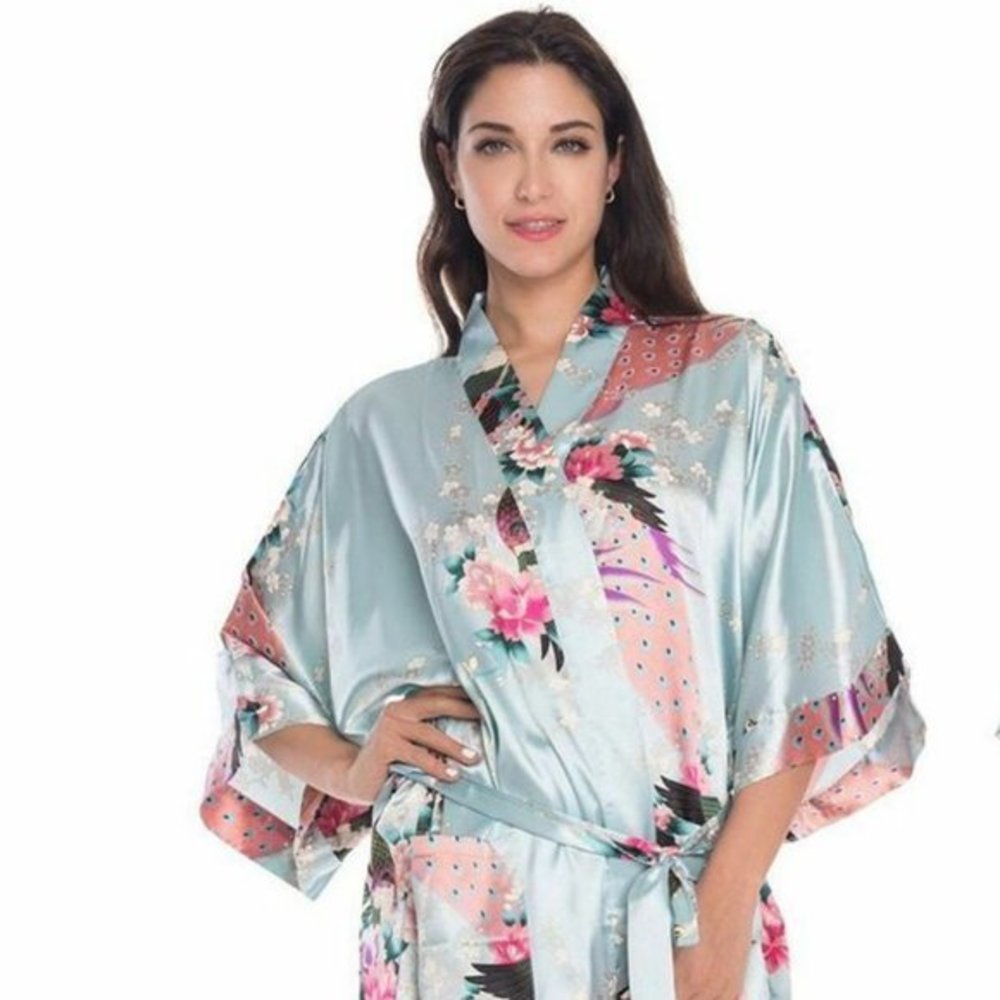 Aquamarine Dream Satin Kimono Robe - Picture 4 of 7